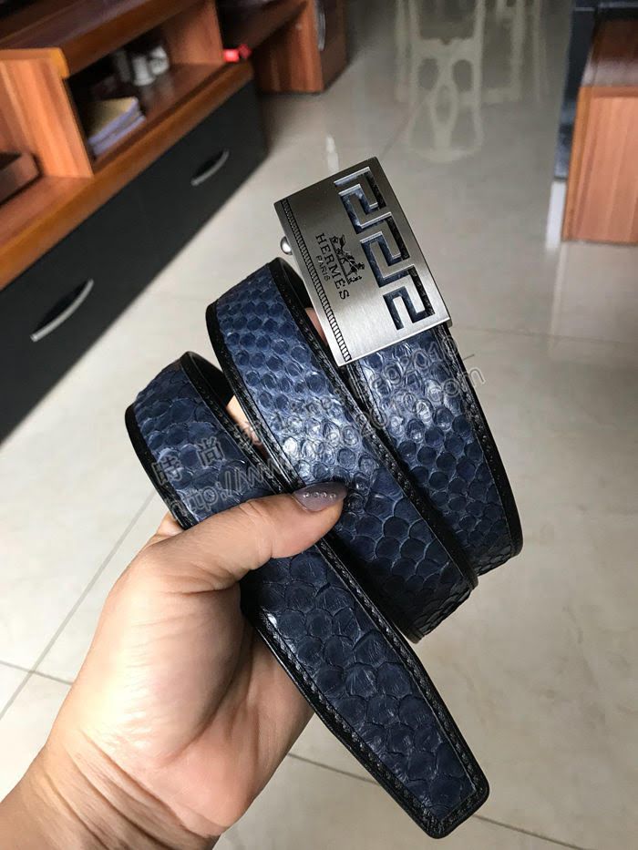 HERMES皮帶 大蟒蛇皮面 原版小牛皮底 商務休閒兩用 男士腰帶  hgh1891